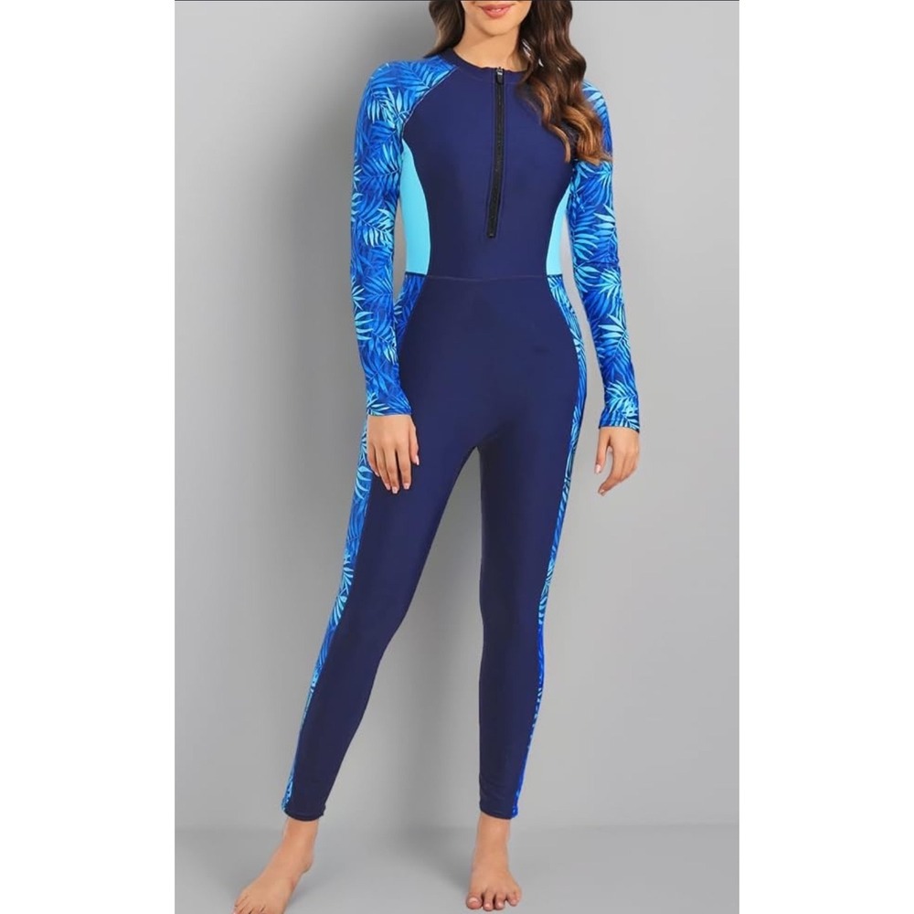 ALLTOKE One Piece Full Body Rash Guard Swimsuit Surf Swimwear Women XL Blue NWT